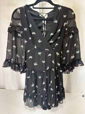 Forever 21 Black Floral Wrap Romper with Lace-Up Back Detail 3528